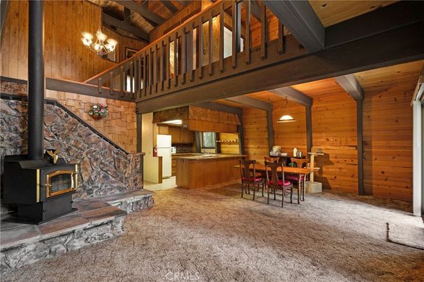 Chandelier, Dining room, Fireplace, Interior, Wooden Beams, Wooden Ceilings, Wooden Walls