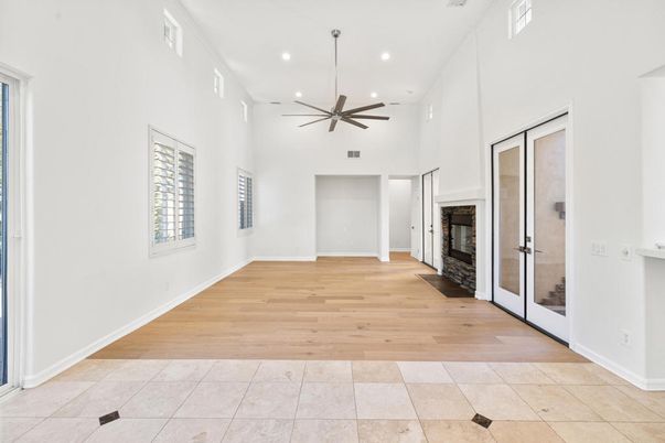 Empty room, Fireplace, Interior, Recessed Lighting, Wood Texture Flooring