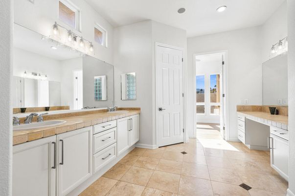 Bathroom, Dual Sink Vanities, Interior, Recessed Lighting, Tile Countertops