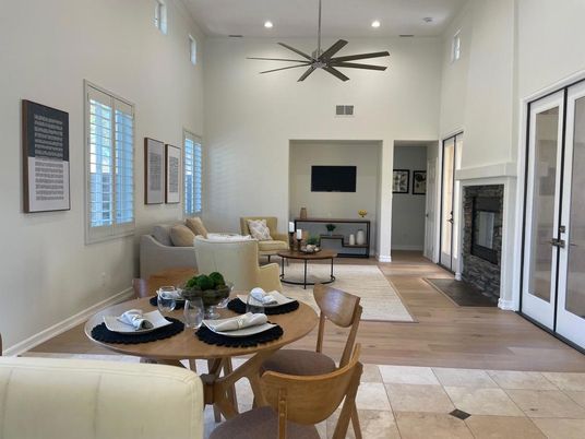 Dining room, Fireplace, Interior, Living room, Recessed Lighting, Wood Texture Flooring