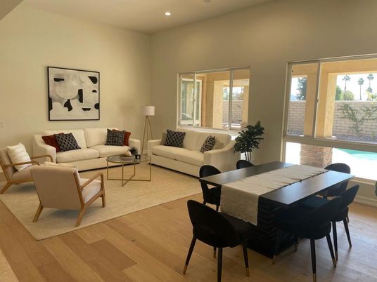 Dining room, Interior, Living room, Recessed Lighting, Wood Texture Flooring