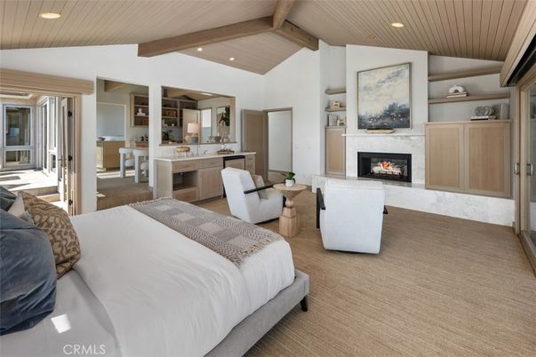 Bedroom, Fireplace, Interior, Recessed Lighting, Wooden Beams, Wooden Ceilings