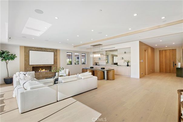 Fireplace, Interior, Kitchen, Living room, Pendant Lights, Recessed Lighting, Wood Texture Flooring