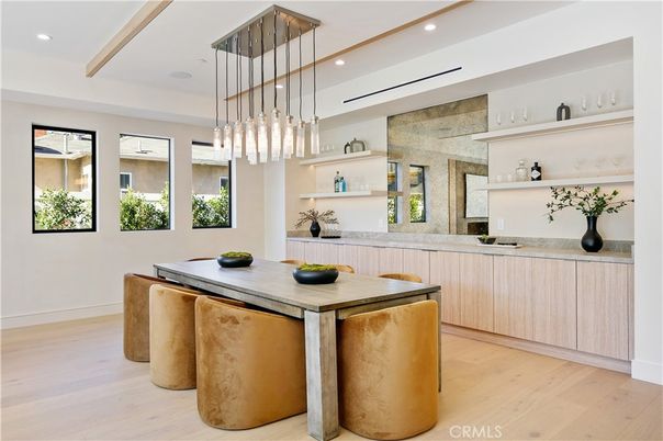 Dining room, Interior, Pendant Lights, Recessed Lighting, Wood Texture Flooring