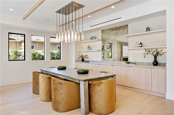 Dining room, Interior, Pendant Lights, Recessed Lighting, Wood Texture Flooring