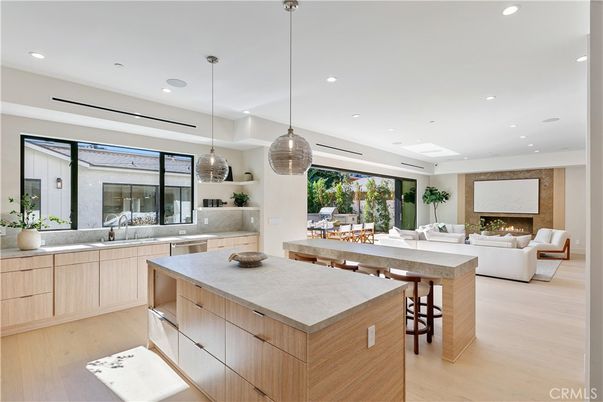 Fireplace, Interior, Kitchen, Living room, Pendant Lights, Recessed Lighting, Wood Texture Flooring