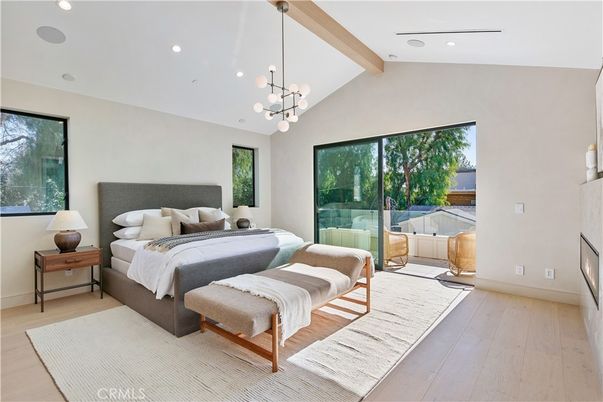Bedroom, Fireplace, Interior, Pendant Lights, Recessed Lighting, Wooden Beams, Wood Texture Flooring