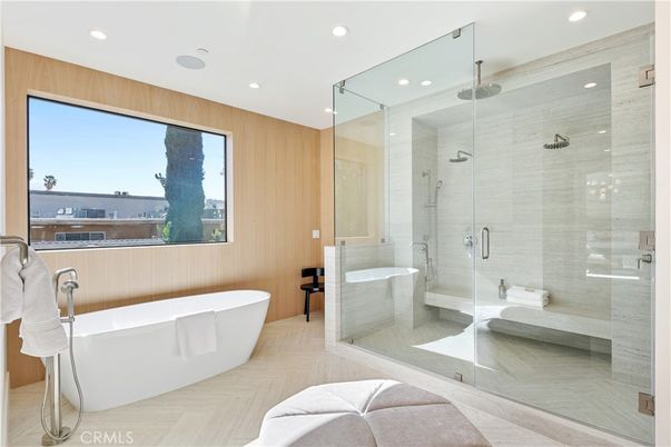 Bathroom, Free Standing Baths, Glass Shower, Interior, Recessed Lighting, Wood Texture Flooring