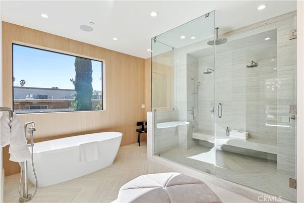 Bathroom, Free Standing Baths, Glass Shower, Interior, Recessed Lighting, Wood Texture Flooring