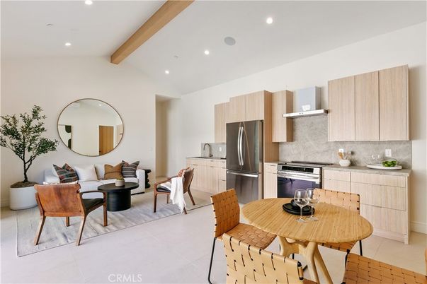 Dining room, Interior, Kitchen, Living room, Recessed Lighting, Stainless Steel Appliances, Wooden Beams