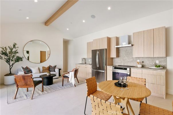 Dining room, Interior, Kitchen, Living room, Recessed Lighting, Stainless Steel Appliances, Wooden Beams
