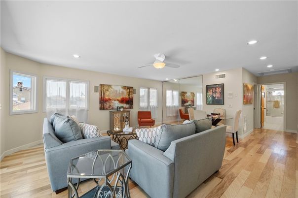 Dining room, Interior, Living room, Recessed Lighting, Wood Texture Flooring