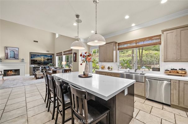 Fireplace, Interior, Kitchen, Living room, Pendant Lights, Recessed Lighting, Stainless Steel Appliances