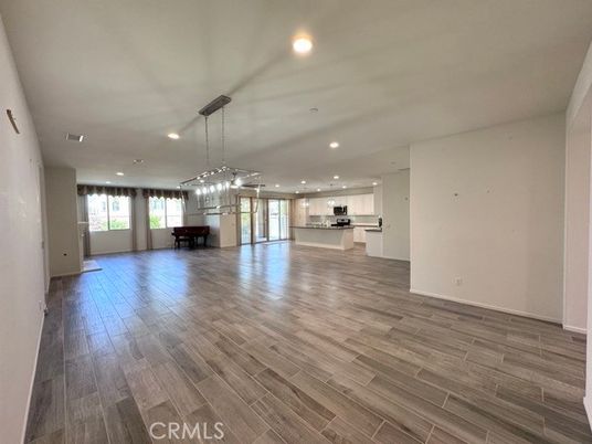 Empty room, Interior, Kitchen, Pendant Lights, Recessed Lighting, Wood Texture Flooring