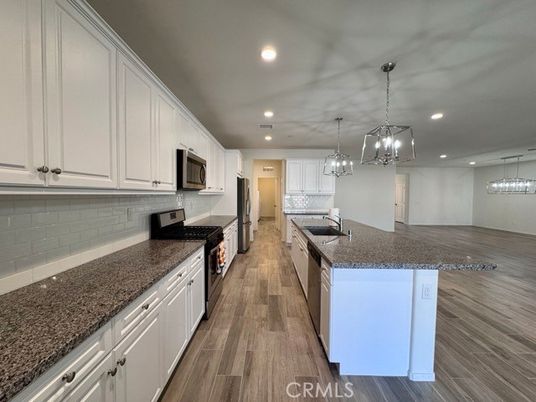 Chandelier, Interior, Kitchen, Pendant Lights, Recessed Lighting, Wood Texture Flooring
