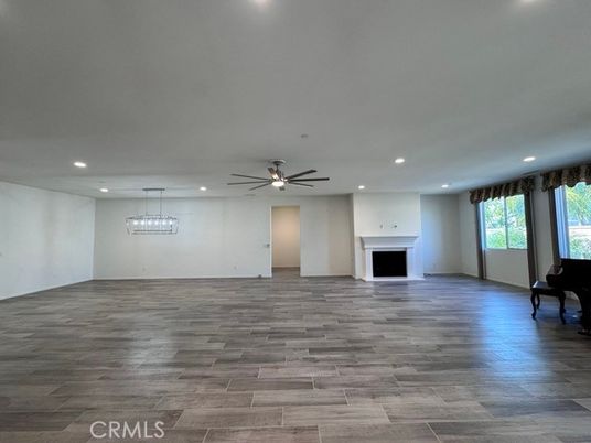 Empty room, Fireplace, Interior, Recessed Lighting, Wood Texture Flooring