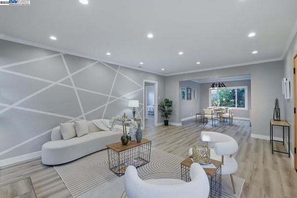 Dining room, Interior, Living room, Recessed Lighting, Wood Texture Flooring