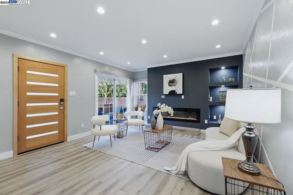 Fireplace, Interior, Living room, Recessed Lighting, Wood Texture Flooring