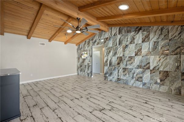 Empty room, Interior, Recessed Lighting, Stone Walls, Wooden Beams, Wooden Ceilings, Wood Texture Flooring