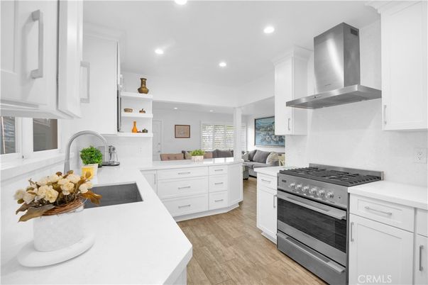 Interior, Kitchen, Living room, Recessed Lighting, Stainless Steel Appliances, Wood Texture Flooring
