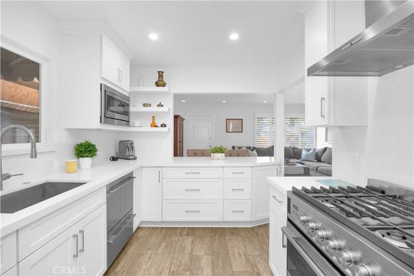Interior, Kitchen, Living room, Recessed Lighting, Stainless Steel Appliances, Wood Texture Flooring