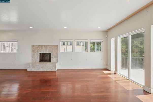 Empty room, Fireplace, Interior, Recessed Lighting, Wood Texture Flooring