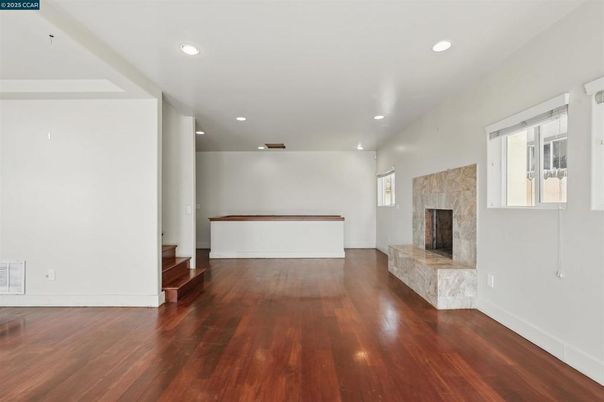 Empty room, Fireplace, Interior, Recessed Lighting, Wood Texture Flooring