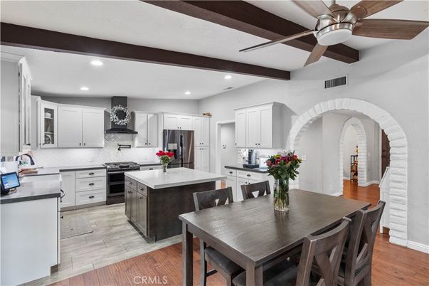 Dining room, Interior, Kitchen, Recessed Lighting, Stainless Steel Appliances, Wooden Beams, Wood Texture Flooring