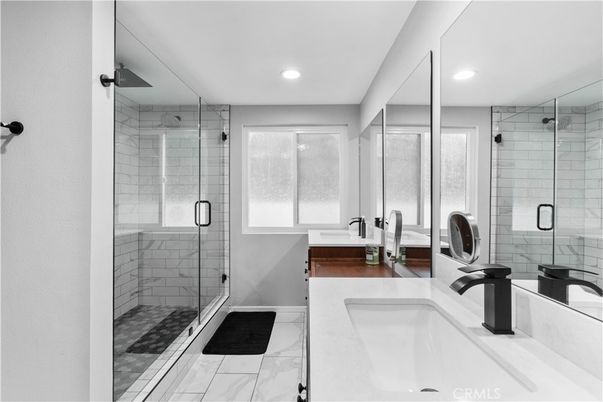 Bathroom, Dual Sink Vanities, Glass Shower, Interior, Marble, Recessed Lighting