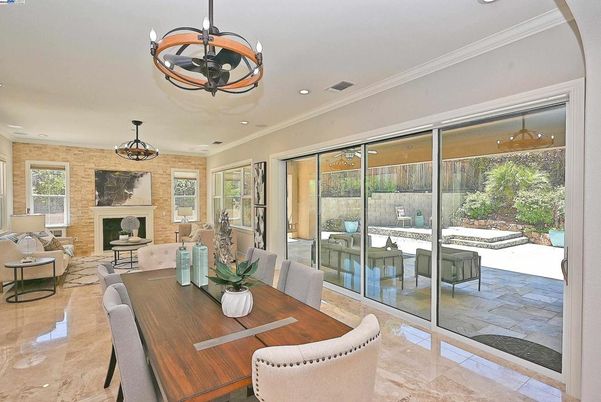Dining room, Fireplace, Interior, Living room, Pendant Lights, Recessed Lighting, Stone Walls