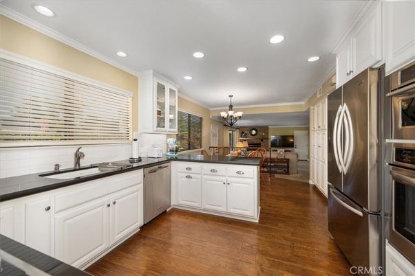 Chandelier, Interior, Kitchen, Recessed Lighting, Stainless Steel Appliances, Wood Texture Flooring