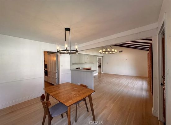 Chandelier, Dining room, Interior, Kitchen, Pendant Lights, Wooden Beams, Wood Texture Flooring