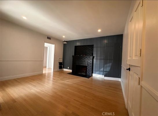 Empty room, Fireplace, Interior, Recessed Lighting, Wood Texture Flooring