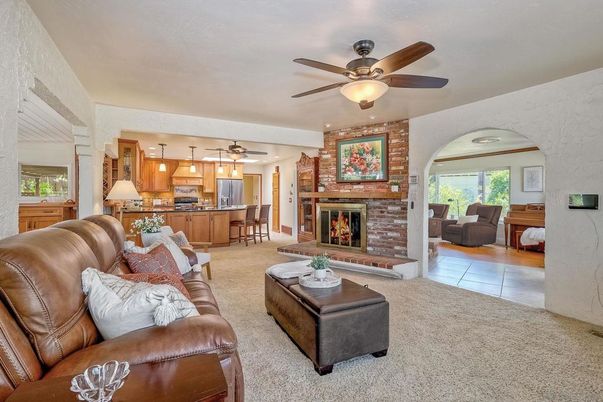 Fireplace, Interior, Kitchen, Living room, Stainless Steel Appliances, Stone Walls