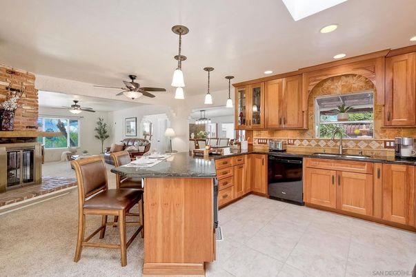 Dining room, Fireplace, Interior, Kitchen, Living room, Pendant Lights, Recessed Lighting, Stone Walls