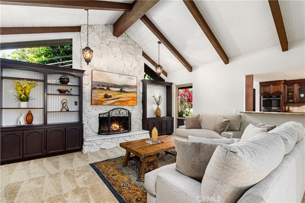 Fireplace, Interior, Living room, Pendant Lights, Stone Walls, Wooden Beams