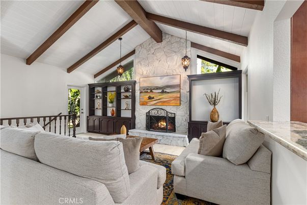 Fireplace, Interior, Living room, Pendant Lights, Stone Walls, Wooden Beams