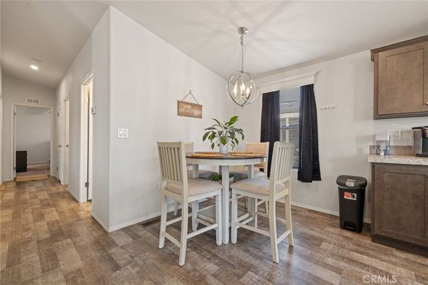 Dining room, Interior, Pendant Lights, Recessed Lighting, Wood Texture Flooring