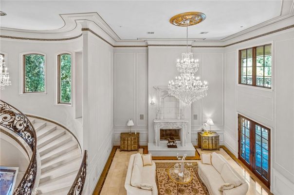 Chandelier, Fireplace, Interior