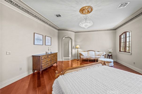 Bedroom, Chandelier, Interior, Wood Texture Flooring
