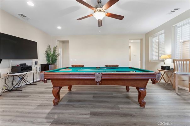Billiard Table, Game Room, Interior, Recessed Lighting, Wood Texture Flooring