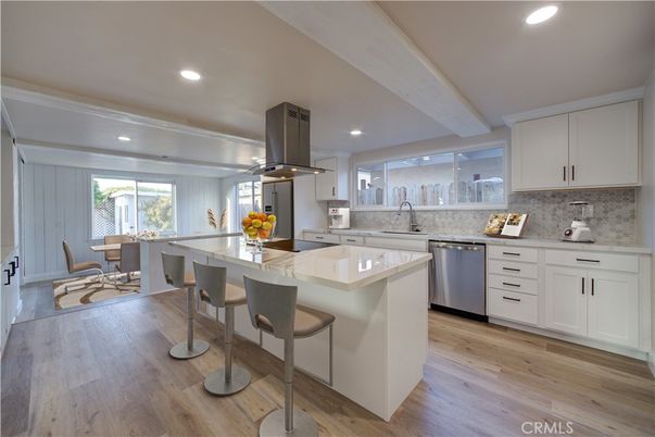 Dining room, Interior, Kitchen, Recessed Lighting, Stainless Steel Appliances, Wood Texture Flooring