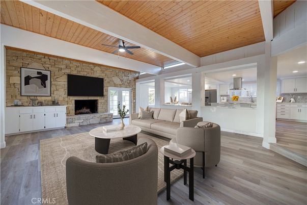 Fireplace, Interior, Kitchen, Living room, Recessed Lighting, Stone Walls, Wooden Beams, Wooden Ceilings, Wood Texture Flooring