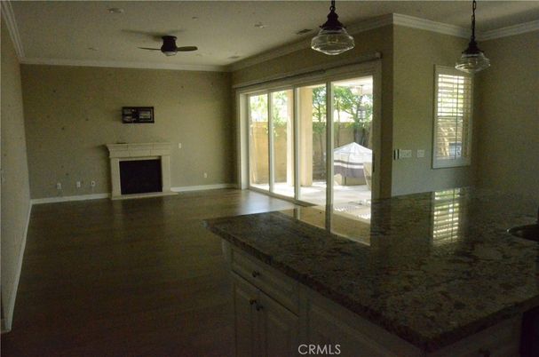 Empty room, Fireplace, Interior, Pendant Lights, Wood Texture Flooring