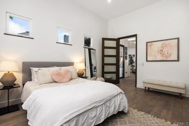Bedroom, Interior, Recessed Lighting, Wood Texture Flooring