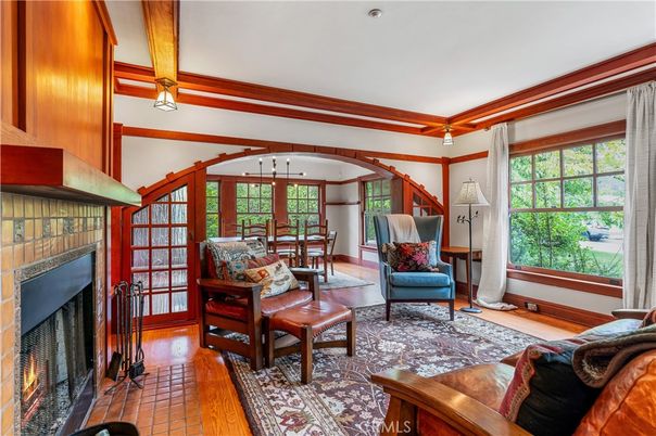 Dining room, Fireplace, Interior, Living room, Pendant Lights, Wood Texture Flooring