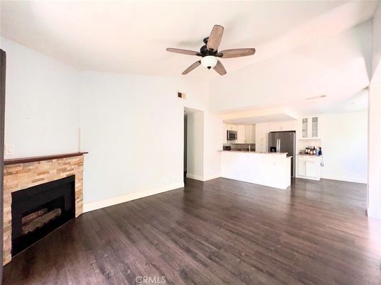 Empty room, Fireplace, Interior, Kitchen, Wood Texture Flooring