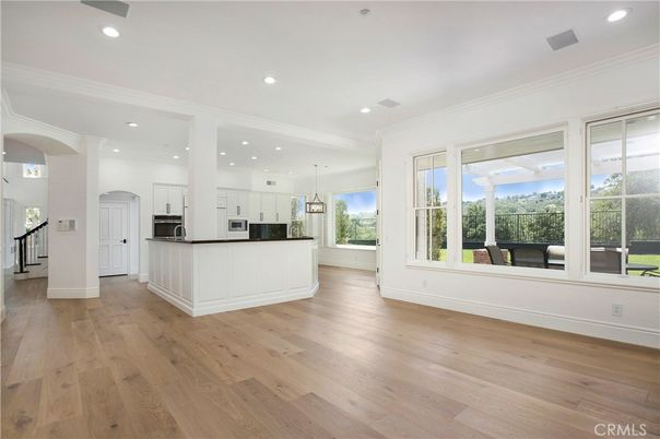 Empty room, Interior, Kitchen, Pendant Lights, Recessed Lighting, Wood Texture Flooring