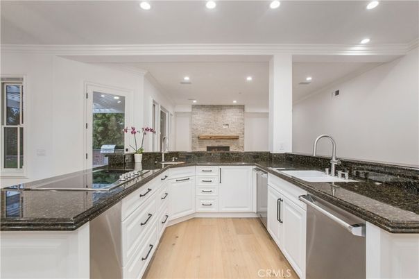 Empty room, Interior, Kitchen, Pendant Lights, Recessed Lighting, Wood Texture Flooring