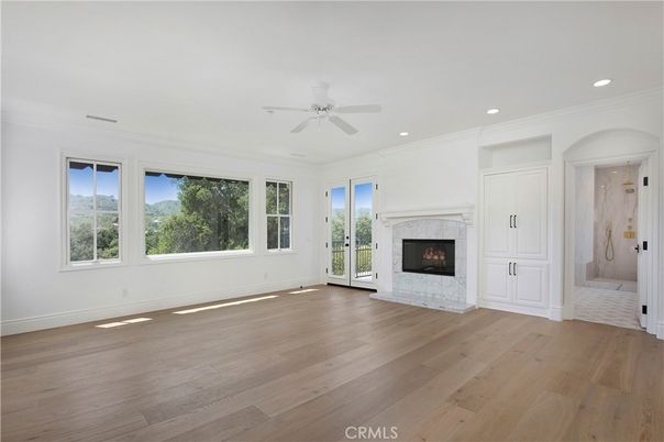 Empty room, Fireplace, Interior, Recessed Lighting, Wood Texture Flooring